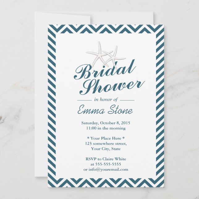 Starfish Navy Blue Chevron Stripes Bridal Shower Invitation (Front)
