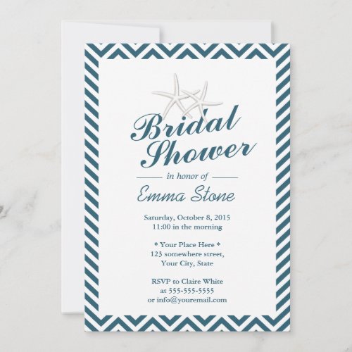Starfish Navy Blue Chevron Stripes Bridal Shower Invitations
