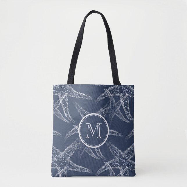 Starfish Navy Blue Monogram Beach Tote Bag (Front)