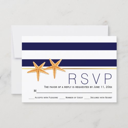 Starfish  navy blue stripes beach wedding RSVP