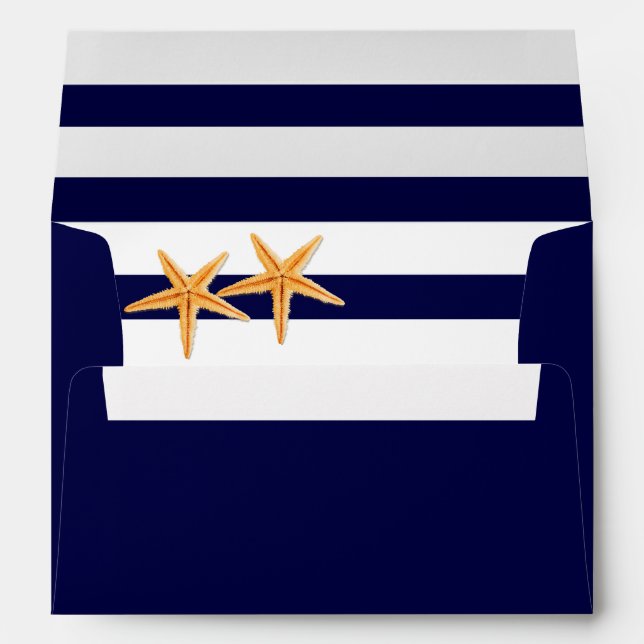 Starfish navy blue, white stripes monogram wedding envelope (Back (Bottom))