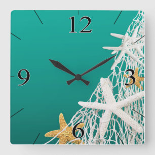 Starfish Netting Beach Coastal Living aqua Square Wall Clock