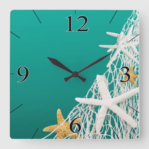 Starfish Netting Beach Coastal Living  aqua Square Wall Clock
