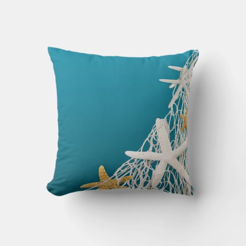 Starfish Netting Beach Wedding  azure blue Throw Pillow