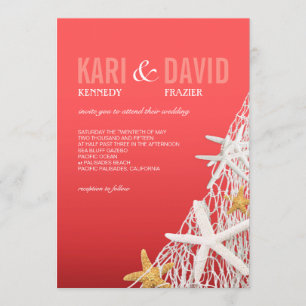 Starfish Netting Beach Wedding   coral Invitation