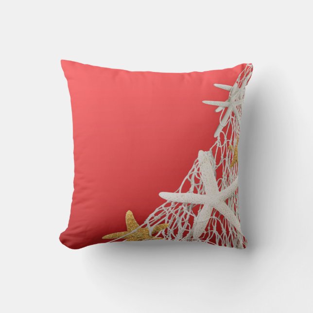 Starfish Netting Beach Wedding | coral Throw Pillow (Front)