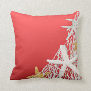 Starfish Netting Beach Wedding coral Throw Pillow