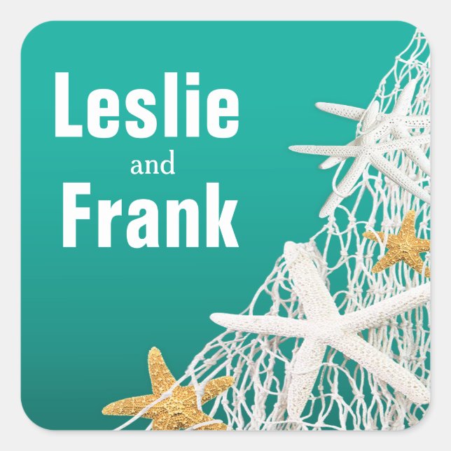 Starfish Netting Beach Wedding Favor | aqua Square Sticker (Front)
