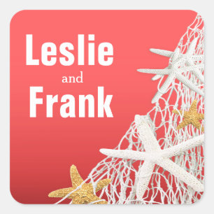 Starfish Netting Beach Wedding Favor   coral Square Sticker