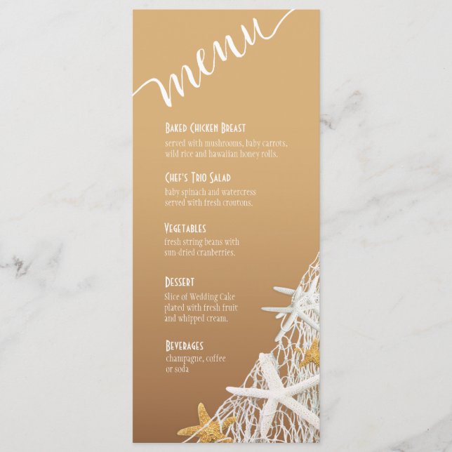Starfish Netting Beach Wedding Menu | sand (Front)