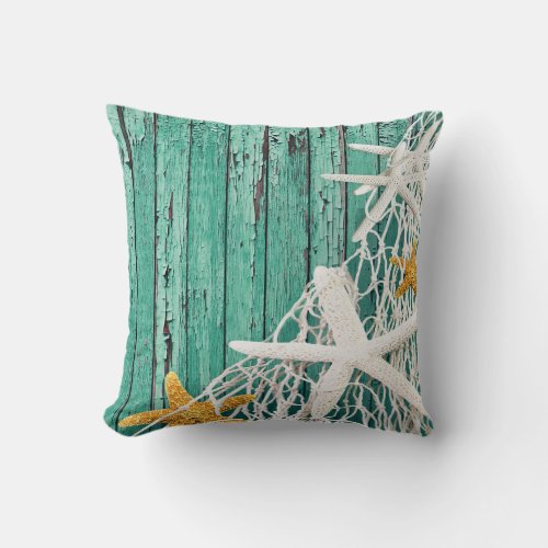 Starfish Netting Beach Wood  aqua Throw Pillow