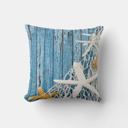 Starfish Netting Beach Wood  blue Throw Pillow