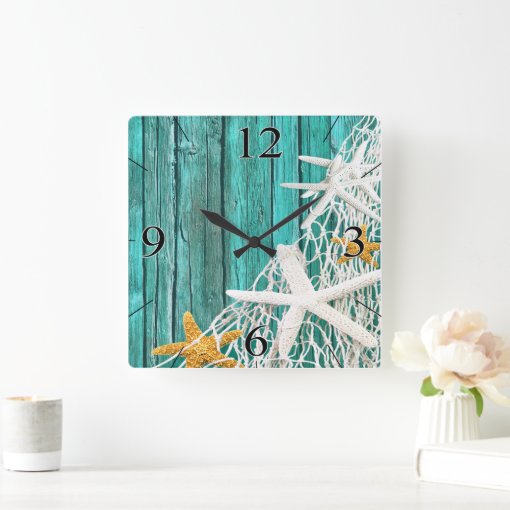 Starfish Netting Beach Wood Coastal Living | aqua Square Wall Clock ...