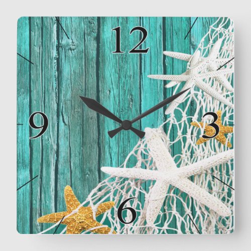 Starfish Netting Beach Wood Coastal Living  aqua Square Wall Clock