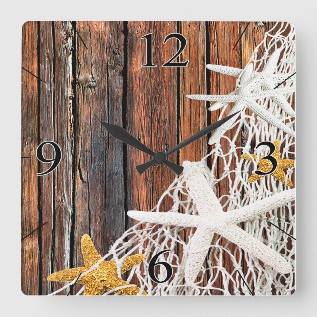 Starfish Netting Beach Wood Coastal Living | brown Square Wall Clock (Front)