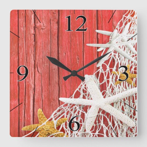 Starfish Netting Beach Wood Coastal Living  coral Square Wall Clock