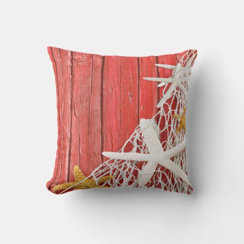 Starfish Netting Beach Wood  coral Throw Pillow