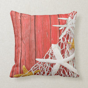 Starfish Netting Beach Wood coral Throw Pillow