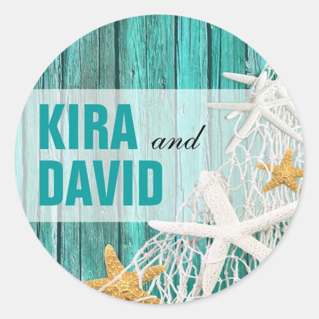 Starfish Netting Beach Wood Favor | aqua Classic Round Sticker (Front)