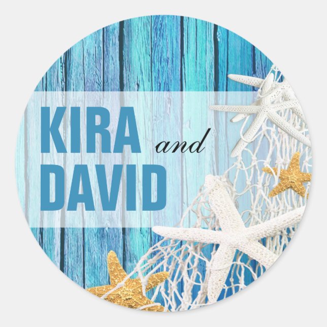 Starfish Netting Beach Wood Favor | blue Classic Round Sticker (Front)