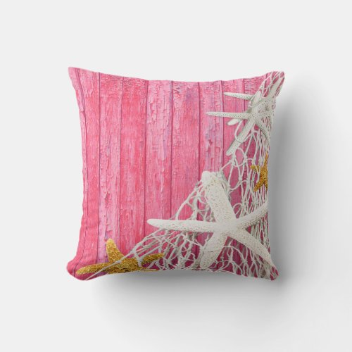 Starfish Netting Beach Wood  pink Throw Pillow