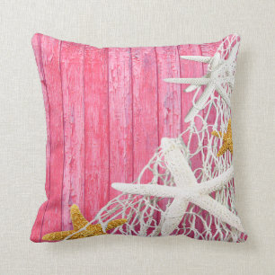 Starfish Netting Beach Wood   pink Throw Pillow