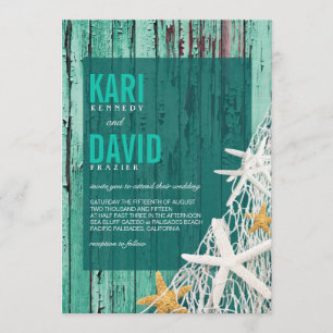 Starfish Netting Beach Wood Wedding aqua Invitation