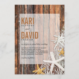 Starfish Netting Beach Wood Wedding brown Invitation