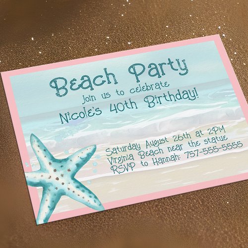Starfish Ocean Beach Party Aqua  Pink Watercolor Invitation