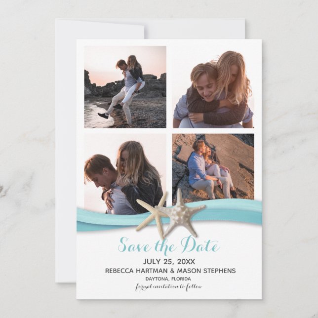 Starfish Ocean Blue Beach Wedding Multi Photo Save The Date (Front)