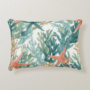 Starfish Ocean Coral Sealife Teal Orange Accent Pillow