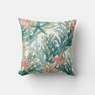 Starfish Ocean Coral Sealife Teal Orange Throw Pillow