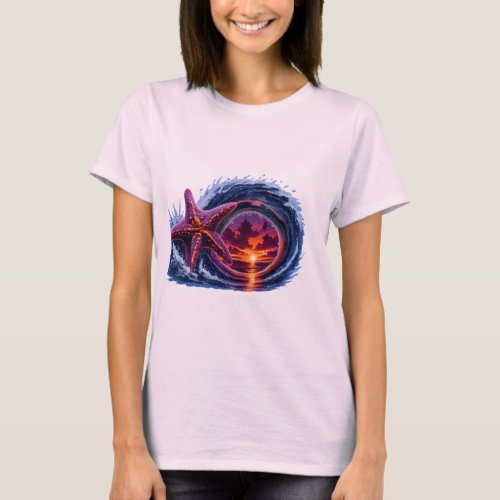 Starfish Ocean Wave Sunset Design | Tropical Coast T-Shirt