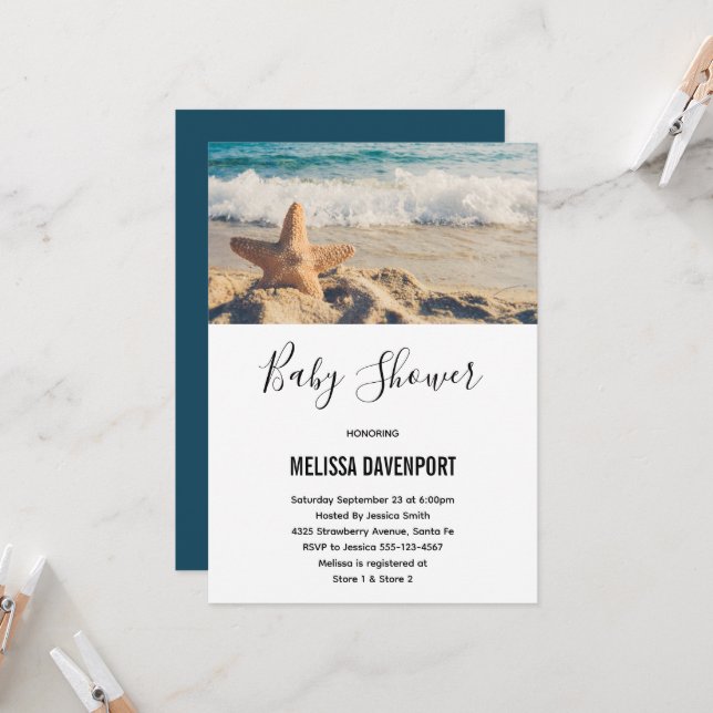 Starfish on a Sandy Beach Photograph Baby Shower Invitation (Front/Back In Situ)