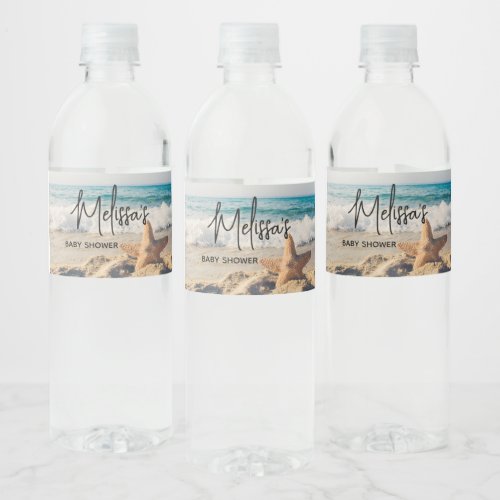 Starfish on a Sandy Beach Photograph Baby Shower Water Bottle Label