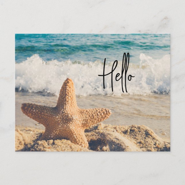 Starfish on a Sandy Beach Photograph Hello Holiday Postcard (Front)