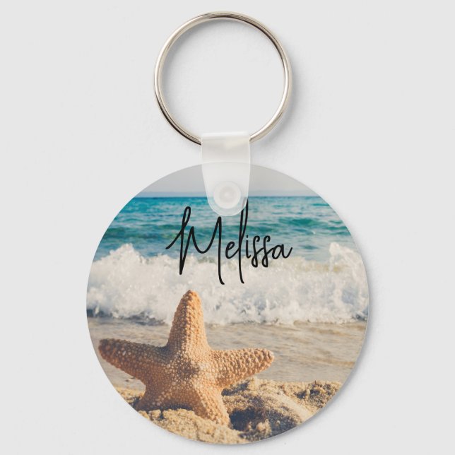 Starfish on a Sandy Beach Photograph Keychain (Front)