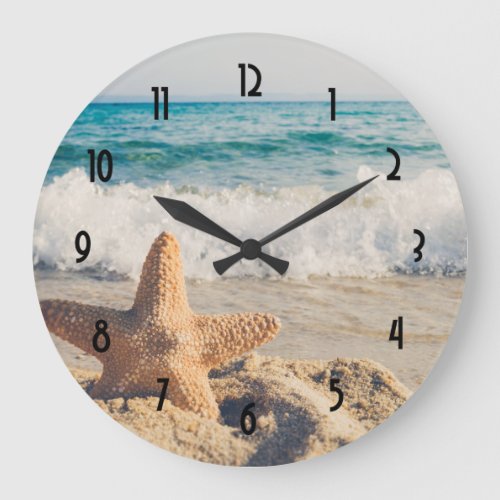 Starfish on a Sandy Beach Photograph Large Clock
