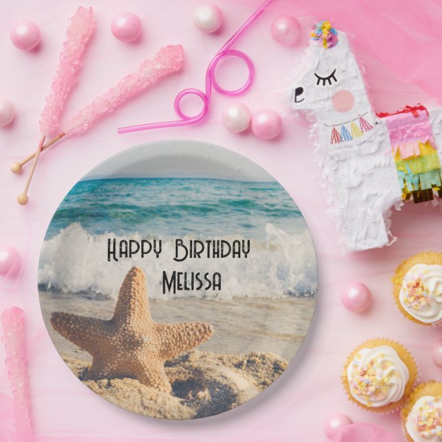 Starfish on a Sandy Beach Photograph Paper Plates (Party)