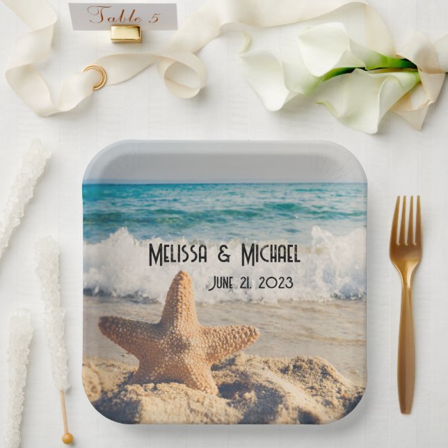 Starfish on a Sandy Beach Photograph Paper Plates (Wedding)