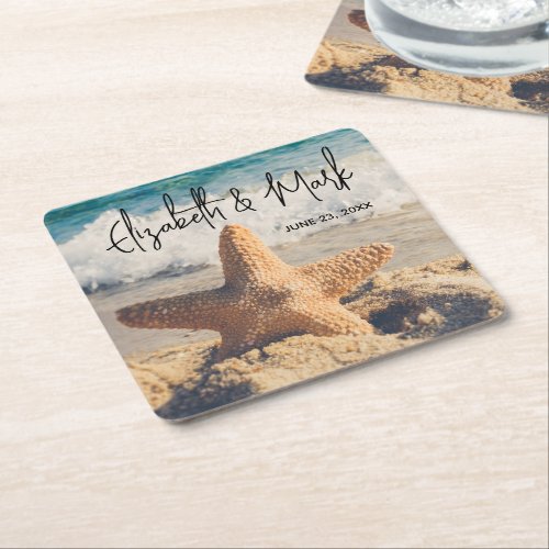 Starfish on a Sandy Beach Photograph Wedding Square Paper Coaster