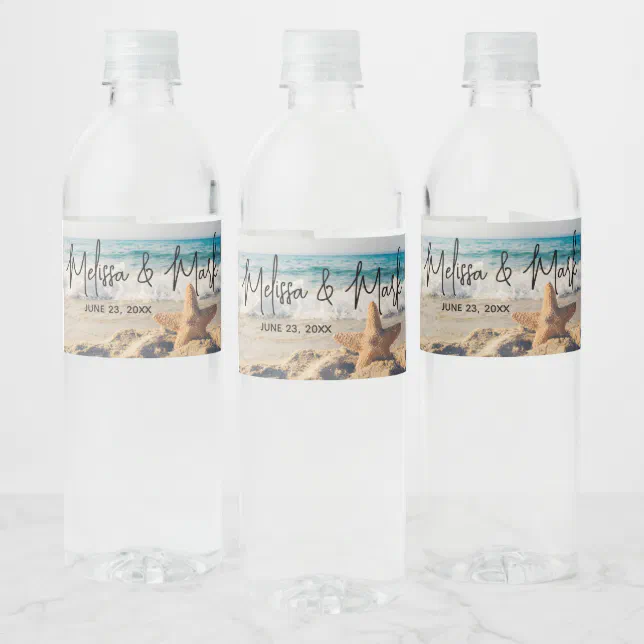 Starfish on a Sandy Beach Photograph Wedding Water Bottle Label | Zazzle
