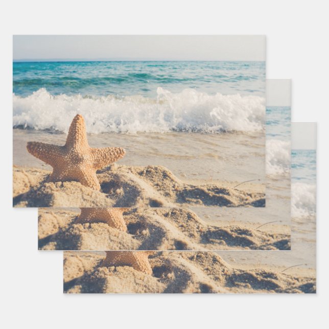 Starfish on a Sandy Beach Photograph Wrapping Paper Sheets (Set)