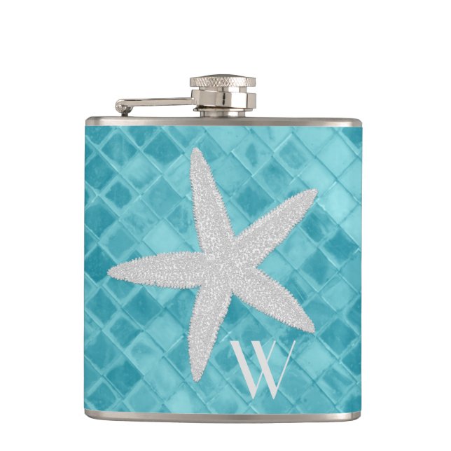 Starfish on Aqua Sea Glass Monogram Hip Flask (Front)