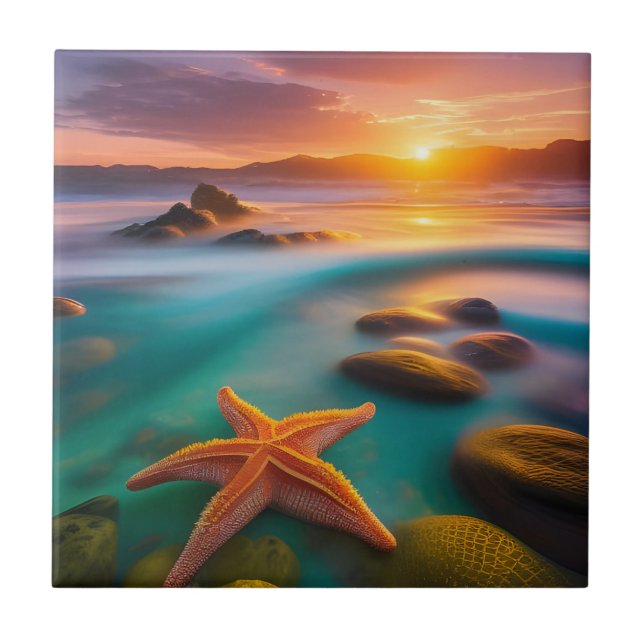 Starfish on beach at Dawn   Ceramic Tile (Front)