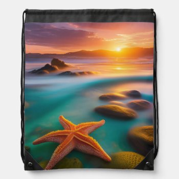 Starfish On Beach At Dawn  Drawstring Bag by minx267 at Zazzle