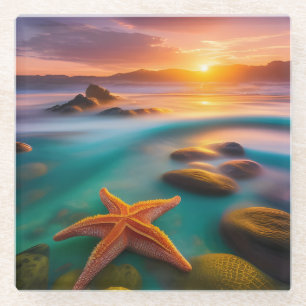 Starfish on beach at Dawn Glass Coaster