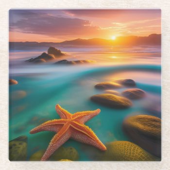 Starfish On Beach At Dawn  Glass Coaster by minx267 at Zazzle