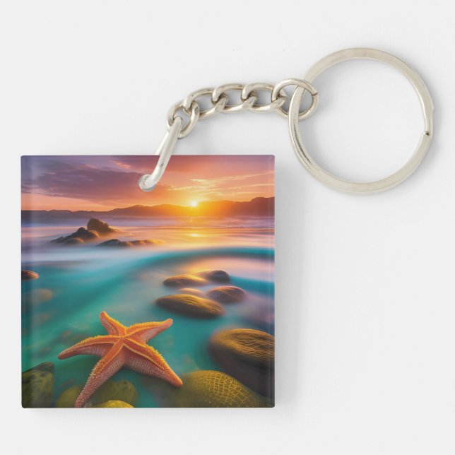 Starfish on beach at Dawn  Keychain (Back)