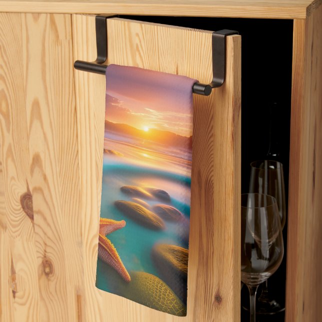 Starfish on beach at Dawn  Kitchen Towel (Thirds Fold)